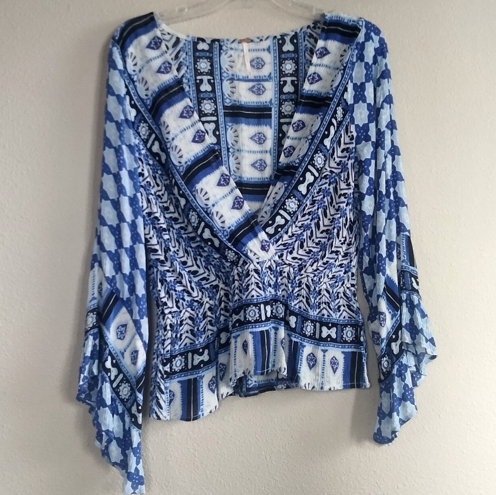 Blue Patterned V-Neck Women's Top
